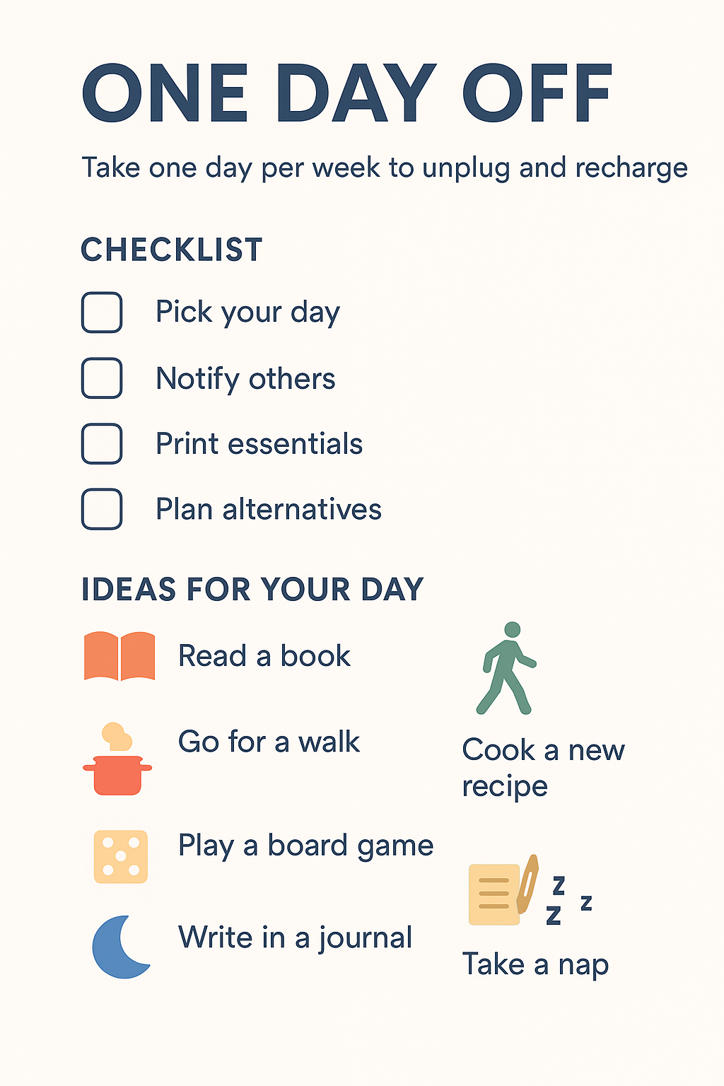 One Day Off preparation checklist with practical tips